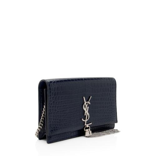 Saint Laurent Croc Embossed Leather Monogram Kate Tassel Small Shoulder Bag