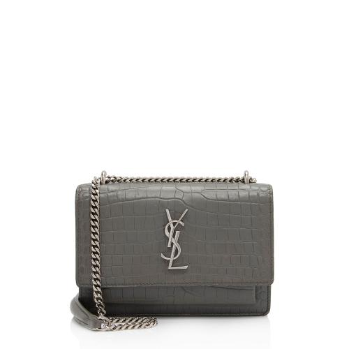 Saint Laurent Croc Embossed Leather Monogram Sunset Mini Wallet on Chain Bag