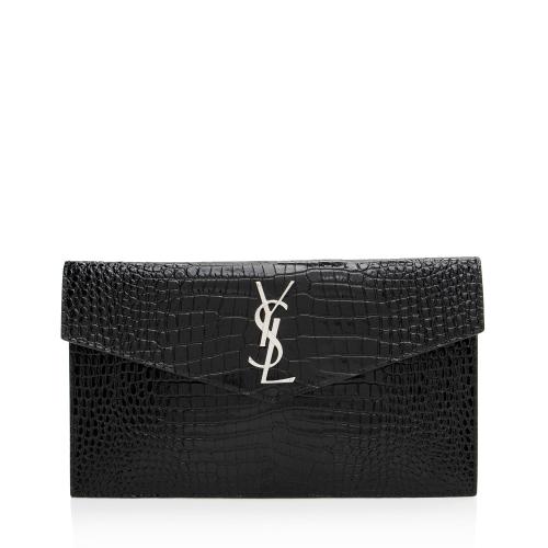 Saint Laurent Croc Embossed Leather Monogram Uptown Clutch