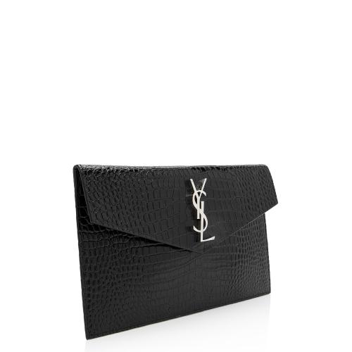 Saint Laurent Croc Embossed Leather Monogram Uptown Clutch