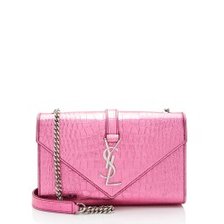 Saint Laurent Metallic Croc Embossed Leather Monogram Small Envelope Bag