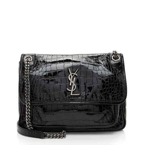 Saint Laurent Patent Croc Embossed Leather Monogram Niki Medium Shoulder Bag