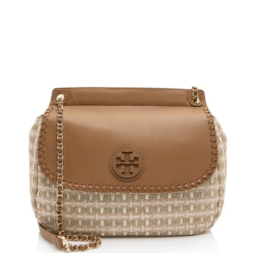 Tory Burch Leather Raffia Marion Saddle Bag