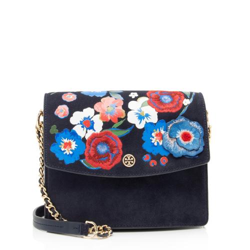 Tory Burch Suede Embroidered Floral Parker Convertible Shoulder Bag