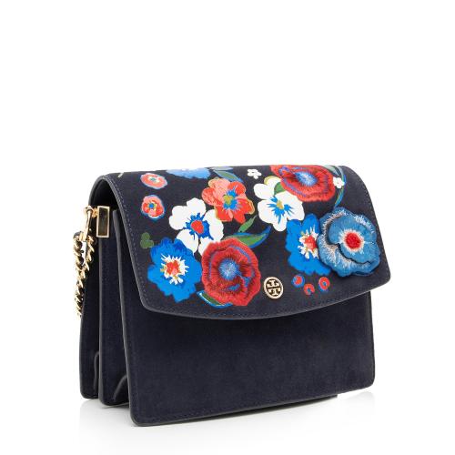 Tory Burch Suede Embroidered Floral Parker Convertible Shoulder Bag Tory Burch Handbags Bag Borrow or Steal