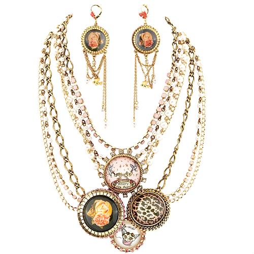 Betsey Johnson Tea Party Chunky Multi Strand Necklace & Chandelier Earrings