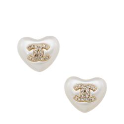 Chanel Crystal Pearl Heart CC Stud Earrings