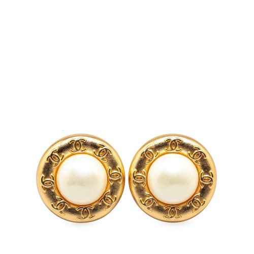 Chanel Gold Plated CC Faux Pearl Clip on Earrings