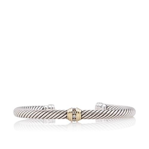 David Yurman Sterling Silver 18k Gold Diamond Station Cable 5mm Bracelet