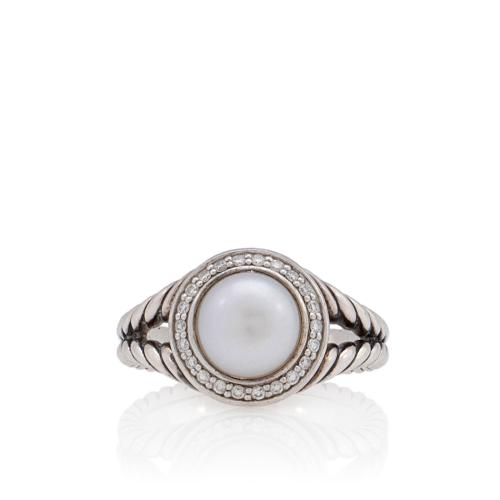 David Yurman Sterling Silver Diamond Pearl Petite Cerise Ring - Size 7