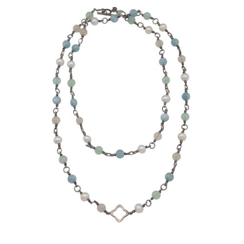 David Yurman Sterling Silver Pearl Aquamarine Quatrefoil 9mm Chain Necklace