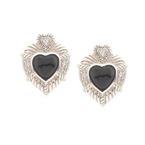 Judith Ripka Sterling Silver Diamond Onyx Heart Stud Earrings