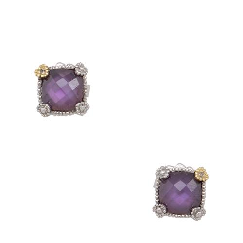 Judith Ripka Sterling Silver 18k Gold Diamond Amethyst Stud Earrings