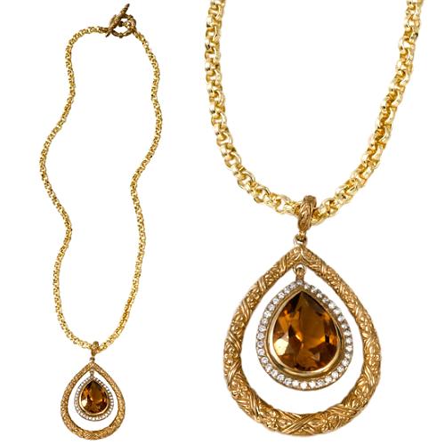 Stephen Dweck Engraved Cognac Quartz and Diamond Pear Necklace