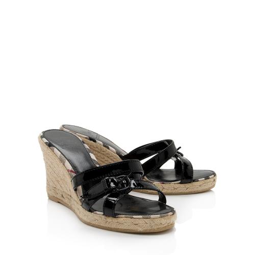 Burberry Patent Leather Check Wedge Sandals - Size 7 / 37