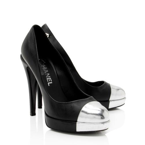 Chanel Calfskin CC Metallic Cap Toe Platform Pumps - Size 8 / 38