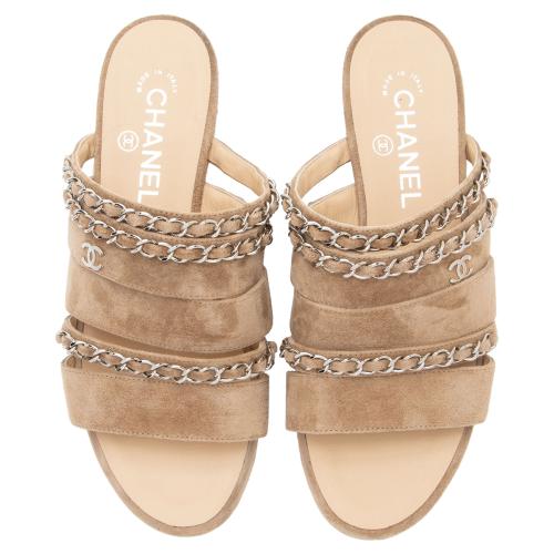 Chanel Suede CC Chain Slide Sandals - Size 7C / 37C