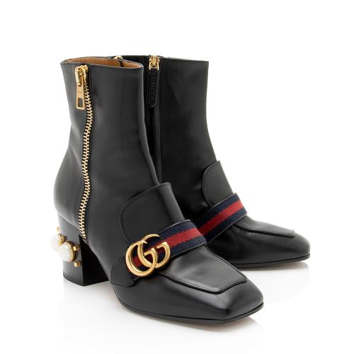 Gucci Calfskin GG Web Pearl Peyton Ankle Boots - Size 7 / 37