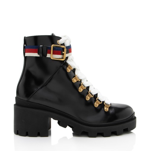 Gucci Calfskin Web Sylvie Combat Boots - Size 6 / 36