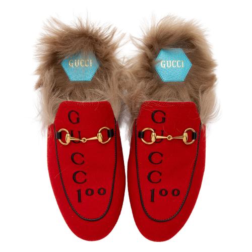 Gucci Felt Fur Gucci 100 Princetown Slippers - Size 8.5 / 38.5