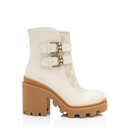 Gucci GG Supreme Calfskin Kensington Double Buckle Ankle Boots - Size 6 / 36