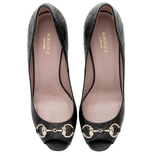 Gucci Guccissima Leather Horsebit Peep Toe Pumps - Size 7 / 37