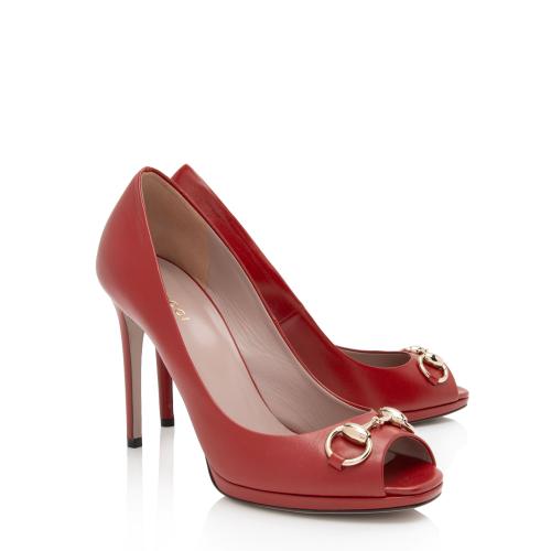 Gucci Leather Horsebit Peep Toe Pumps - Size 7 / 37