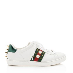 Gucci Leather Pearl Studded Web Ace Sneakers - Size 7 / 37