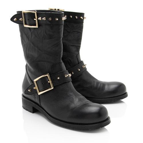 Jimmy Choo Leather Studded Dash Biker Boots - Size 7 / 37