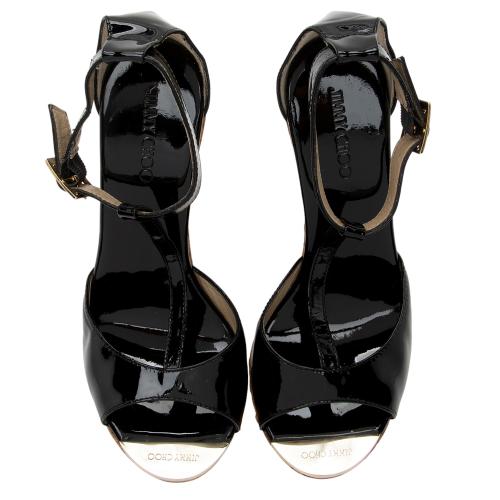 Jimmy Choo Patent Leather T-Strap Wedge Sandals - Size 7 / 37