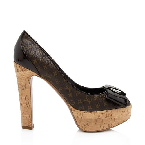 Louis Vuitton Monogram Canvas Cork Rivoli Peep Toe Platform Pumps - Size 8 / 38