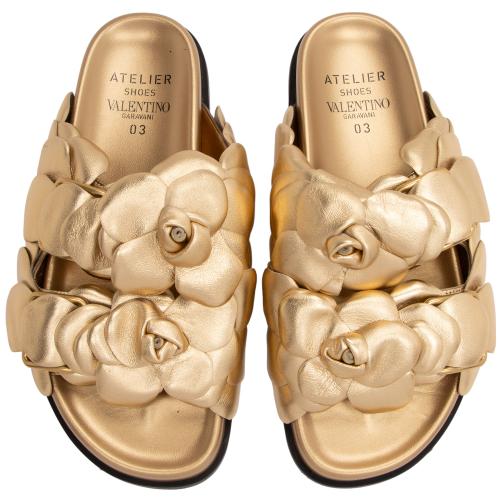 Valentino Metallic Leather Rose Edition Slide Sandals - Size 7 / 37