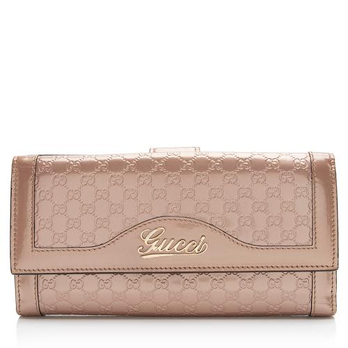 Gucci Metallic Patent Microguccissima Leather Script Continental Wallet