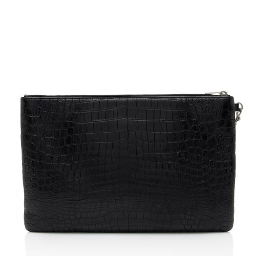 Saint Laurent Croc Embossed Leather Monogram Wristlet