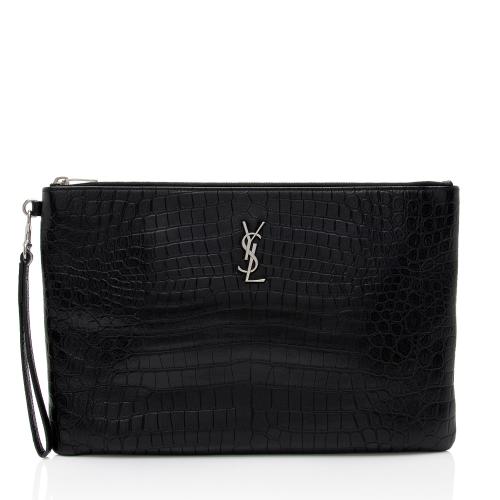 Saint Laurent Croc Embossed Leather Monogram Wristlet