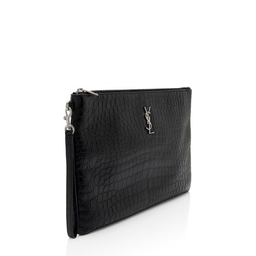 Saint Laurent Croc Embossed Leather Monogram Wristlet