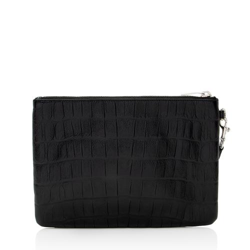 Saint Laurent Croc Embossed Leather Monogram Zip Pouch Wristlet