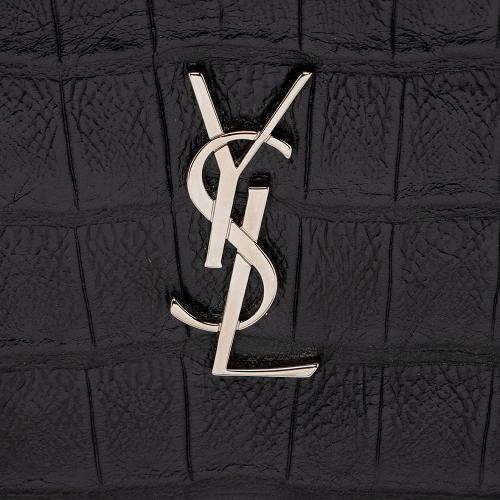 Saint Laurent Croc Embossed Leather Monogram Zip Pouch Wristlet