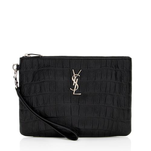 Saint Laurent Croc Embossed Leather Monogram Zip Pouch Wristlet