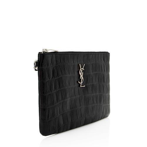 Saint Laurent Croc Embossed Leather Monogram Zip Pouch Wristlet